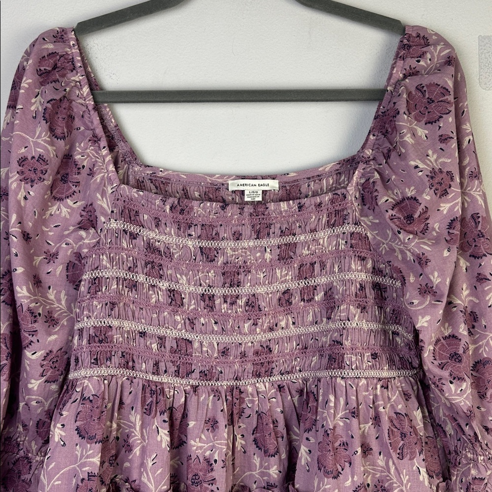 NEW American Eagle Smocked Peplum Purple Floral Ruffle Top Square Neck Large NWT - Picture 3 of 16